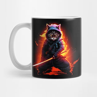 Cat Ninja: Neon Fire Bushido Pose - Feline Fury in Red, Orange & Yellow Mug